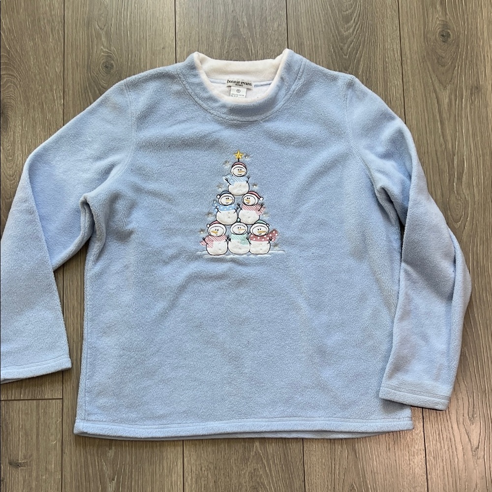 Bonnie Evans, Sz PL, blue, fuzzy sweatshirt with snowman, winter, Christmas